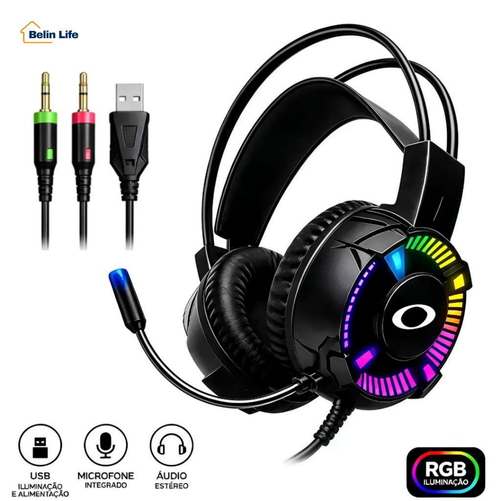Fone Headset Gamer Onistek ON-464 LED RGB 40mm com Microfone para PC e Notebook