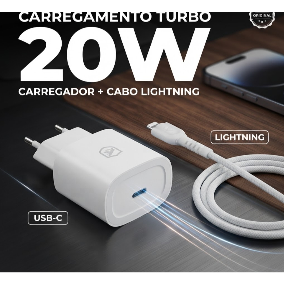 Kit Carregador Turbo GShield USB-C 20W + Cabo Lightning Original