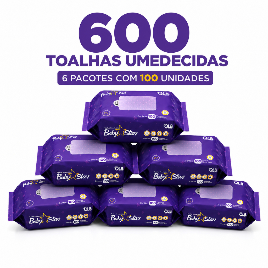 Caixa com 6 Lenços/Toalhas Umedecidas Baby Star Roxa c/ 100 Unidades Cada – Sem Tampa FlipTop