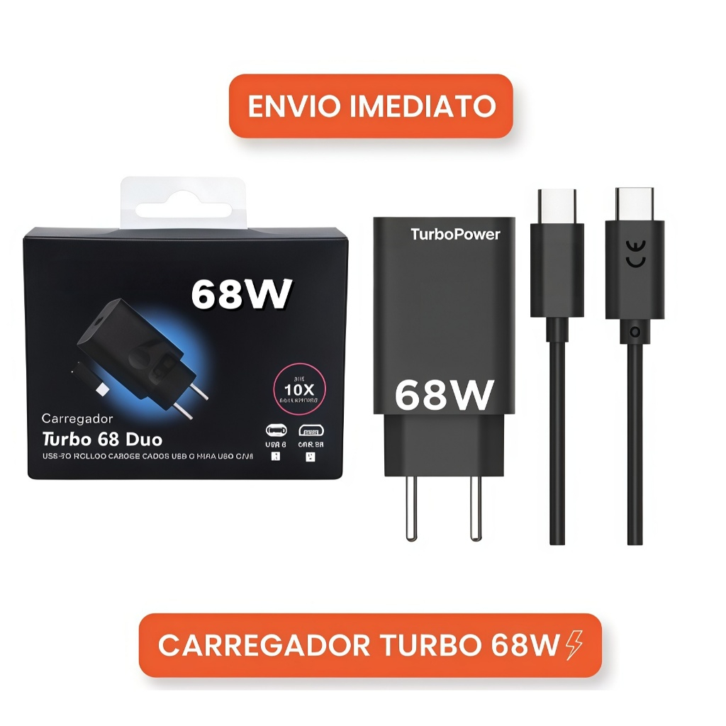 Cabo e Carregador Universal 68W Fast Charging Turbo USB-C Com Todos os Modelos Android