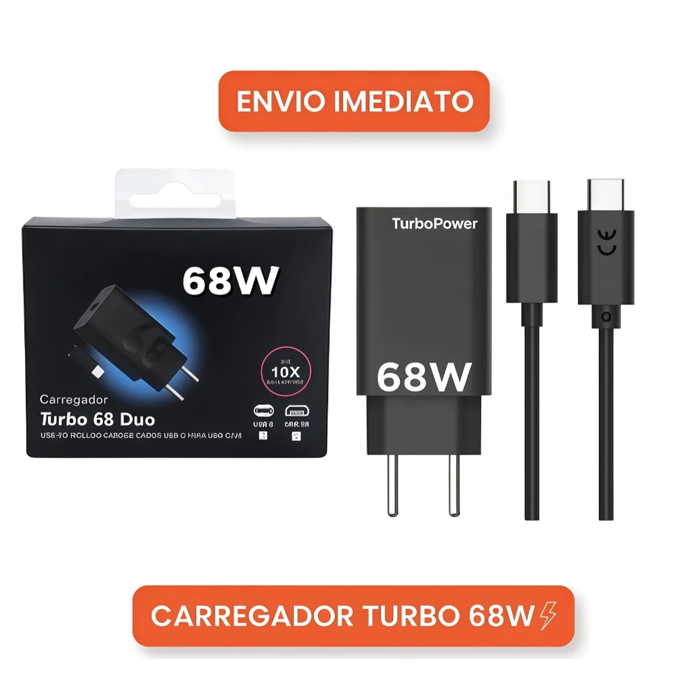 Cabo e Carregador Universal 68W Fast Charging Turbo USB-C Com Todos os Modelos Android