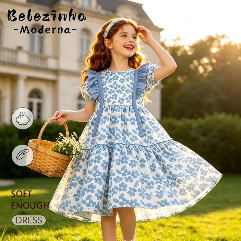 Vestido Infantil Feminino Floral Manga Bufante com Babados Rodado Verão Passeio Festa Aniversário