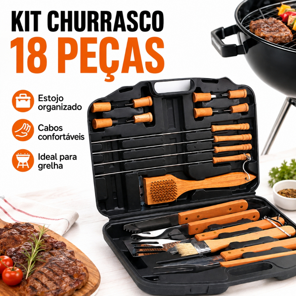 Kit Churrasco 9/18 Peças Inox com Maleta – Conjunto de Talheres Para Churrasco 360 Ideal para Presentear
