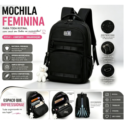 Mochila Feminina Escolar Impermeável Grande Bolsa Feminina Faculdade Trabalho Moda Premium