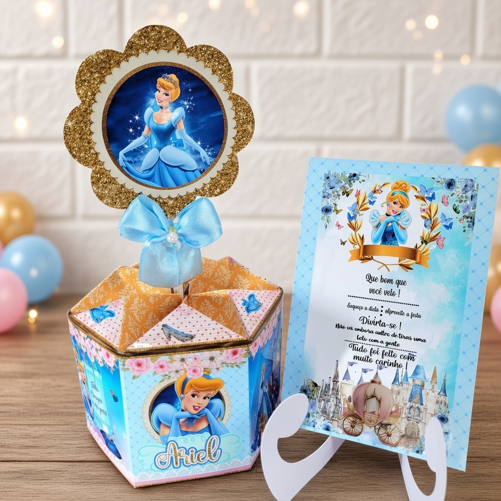 Centro de Mesa Cinderela + Plaquinha Cachepô Personalizado Festa/Aniversário/Infantil/Lembrancinha/Decoração/Enfeite/Ar