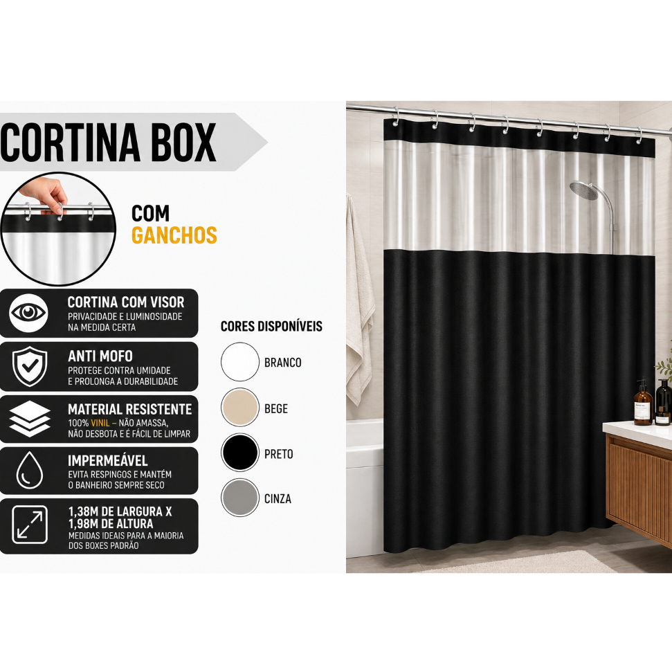 Cortina para Box Banheiro Vinil Anti Mofo Resistente