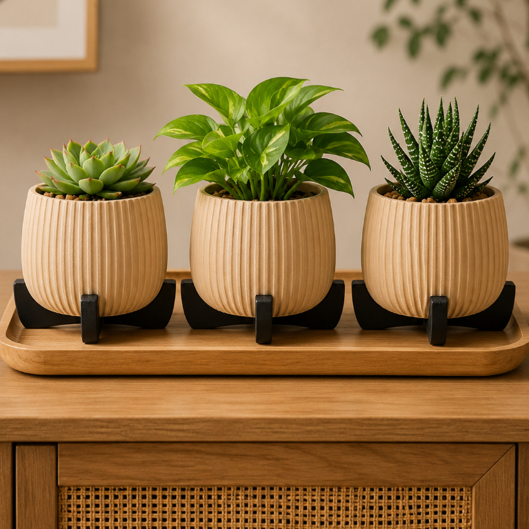 Kit Mini Vasos Decorativos Suculentas Cachepot com Pezinho Vasinhos Canelado Suporte Cactos Plantas Decoração Casa