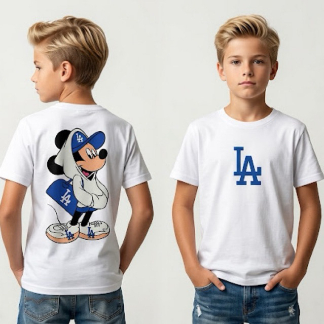 Camiseta Infantil Menino Mickey Streetwear Estampa LA Los Angeles Frente e Costas Algodão Premium Casual Estilosa Gringo