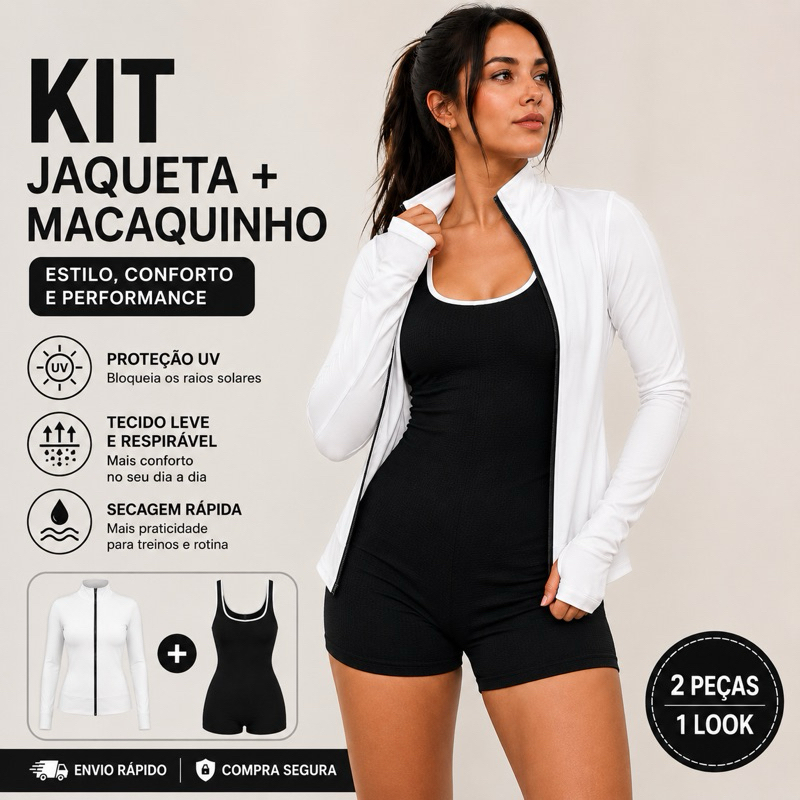 Kit Jaqueta UV Feminina + Macaquinho Anarruga Feminino Fitness Casaco com Zíper Conjunto 2 Peças Manga Longa Academia
