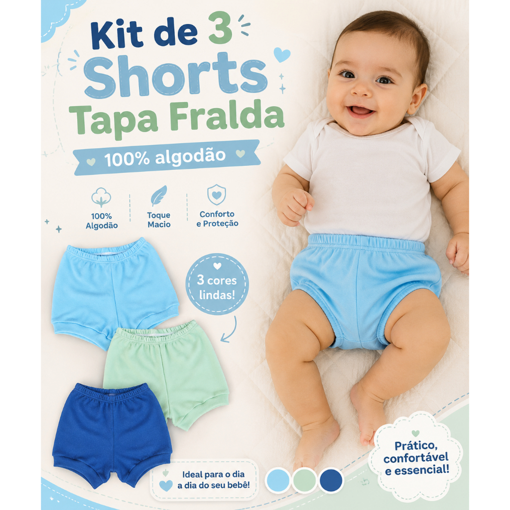3 Shorts Tapa Fralda de Algodão para Bebê Enxoval Maternidade Menina menino