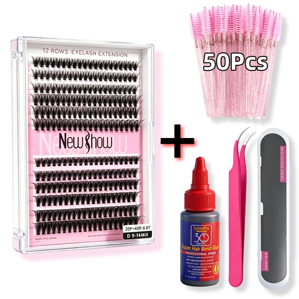 Kit Cílios Newshow 240 Fios 10P-50P D Curl Mix 9-15mm + Cola Profissional + Pinça + 50 Escovas para Cílios