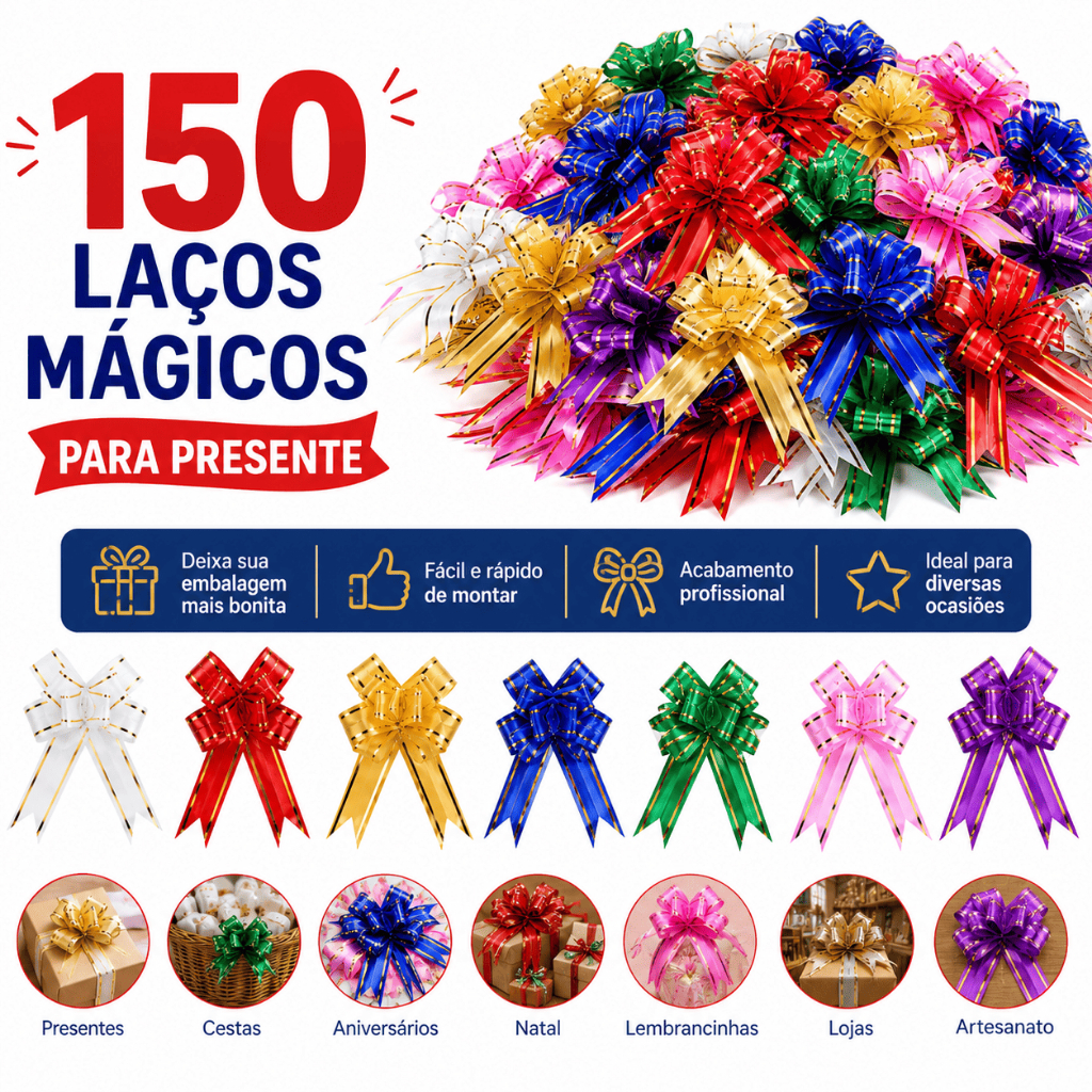 150 / 50 Laços Mágicos para Presente – Fita Decorativa Para Aniversário