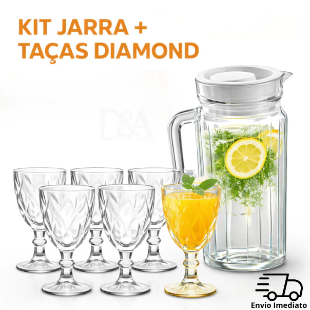 Kit Jarra de Vidro 1 Litro com Tampa + 6 Taças Diamond 320ml para Suco e Água — imagem 1