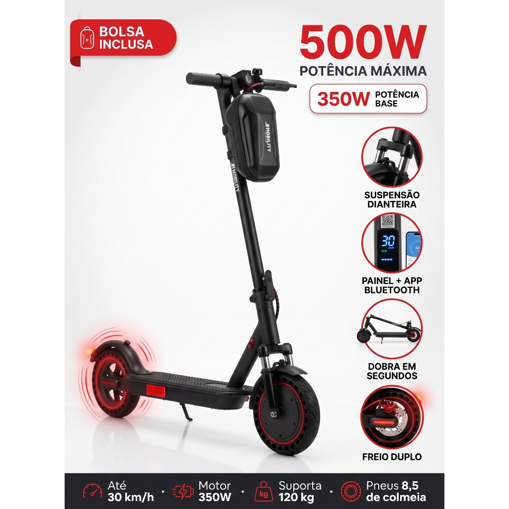 Patinete Eletrico  30km/h potente Scooter Passeio J1Mobility 350W 3 Velocidades Dobrável com Amortecedor