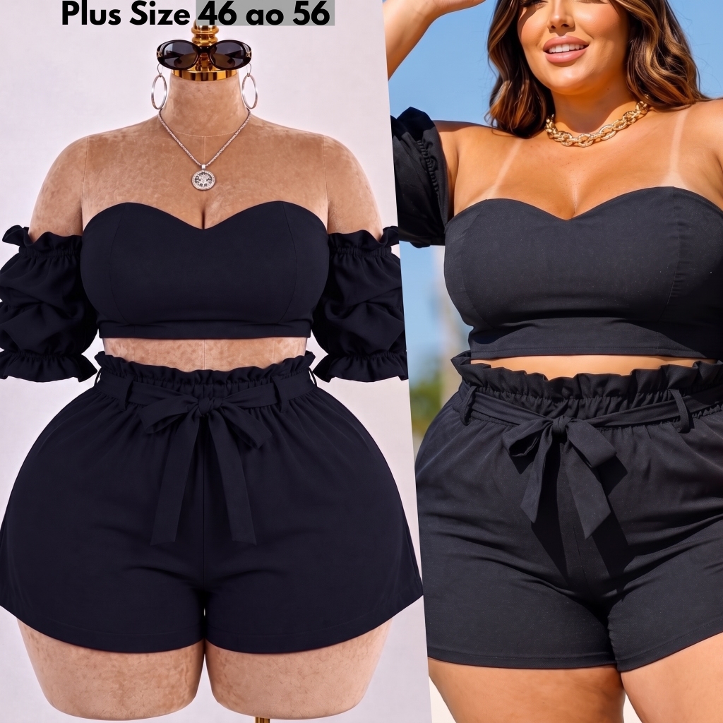 Conjunto Plus Size Feminino Conjunto Verão Short e Cropped Short Plus Cintura Alta Soltinho Blusinha Plus Size G1 G2 G3