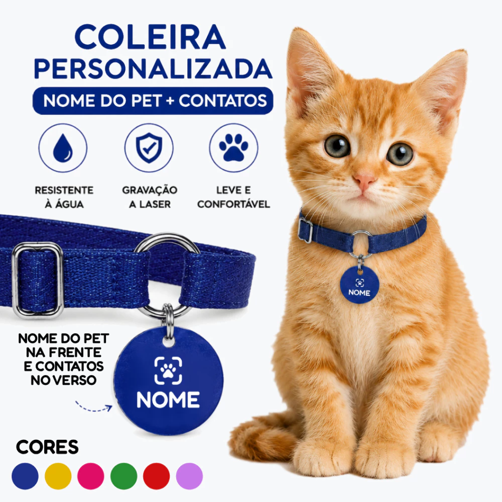 Coleira Elástica Tag de Identificação Personalizada Nome e Contatos do Tutor Gato e Cachorro