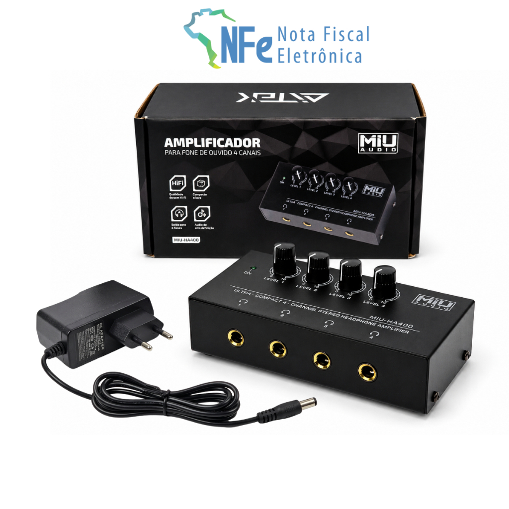 Amplificador de Fone de Ouvido com 4 Canais de Som Stereo Retorno Palco Banda Headphone P10 P2 12V