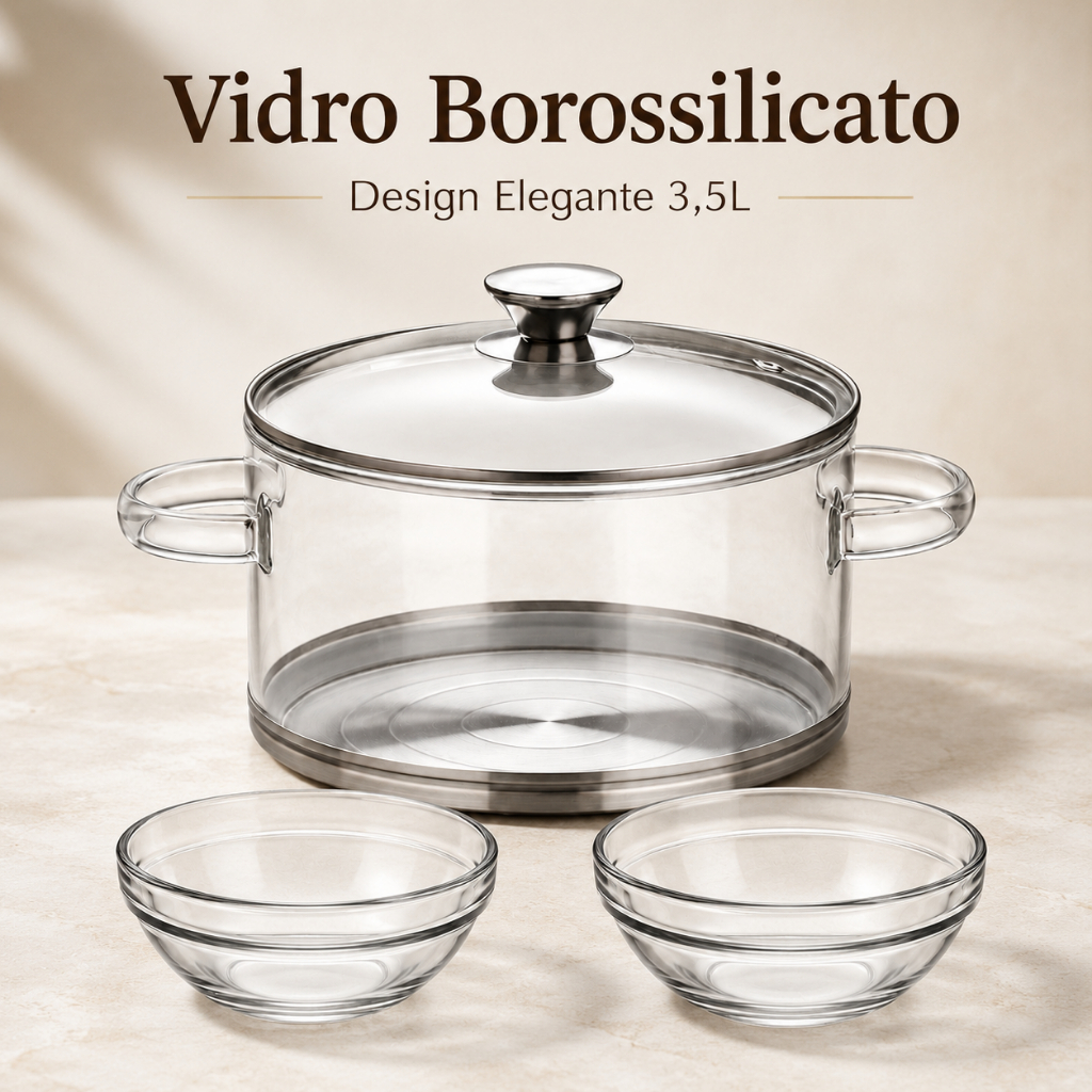 Panela de Vidro Borossilicato 3,5L Base Inox com Tampa + 2 Tigelas Design Elegante para Cozinha