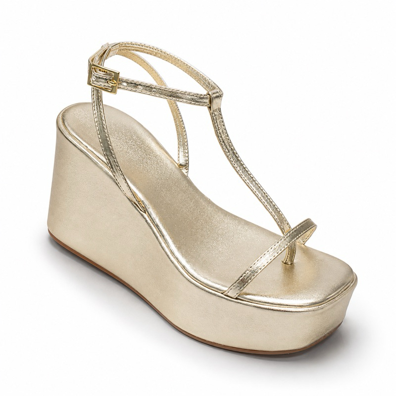 Sandália Plataforma Feminina 8cm Anabela Confortável Elegante Casual Marrom e Dourada Leve
