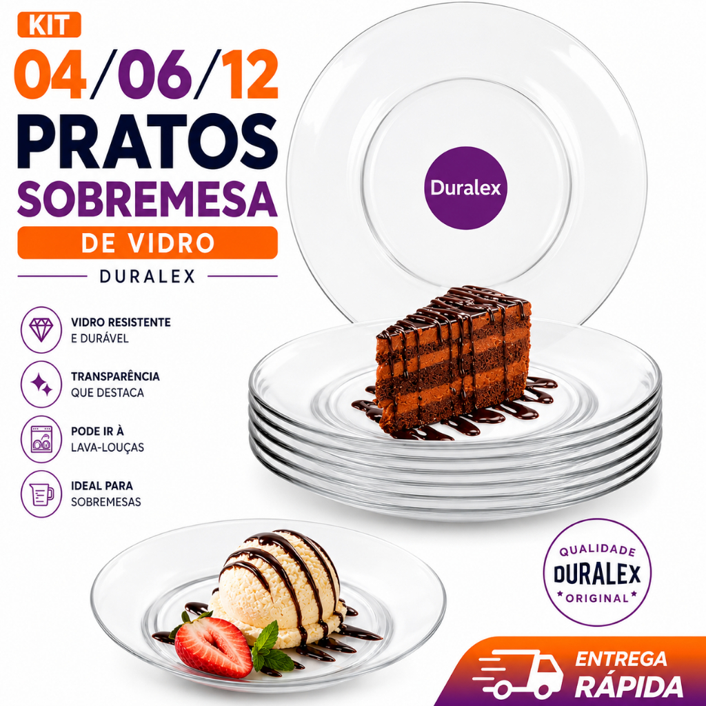 Jogo 04/06/12 Pratos Sobremesa Astral Duralex Conjunto Vidro Transparente Redondo Buffet Lanchonete