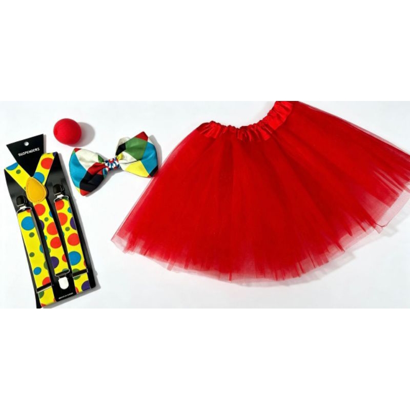 Kit Fantasia Palhaço — Saia de Tule, Suspensório, Gravata e Nariz — Tamanho 36 ao 42 — Várias Cores