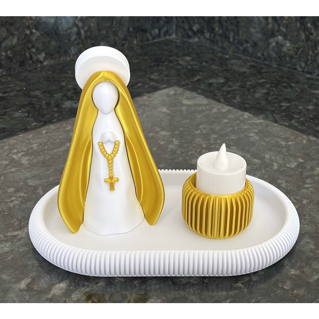 kit Nossa Senhora Aparecida/mini altar Nossa Senhora Aparecida/Impressão 3D/ Imagem branca/ manto dourado/bandeja branca