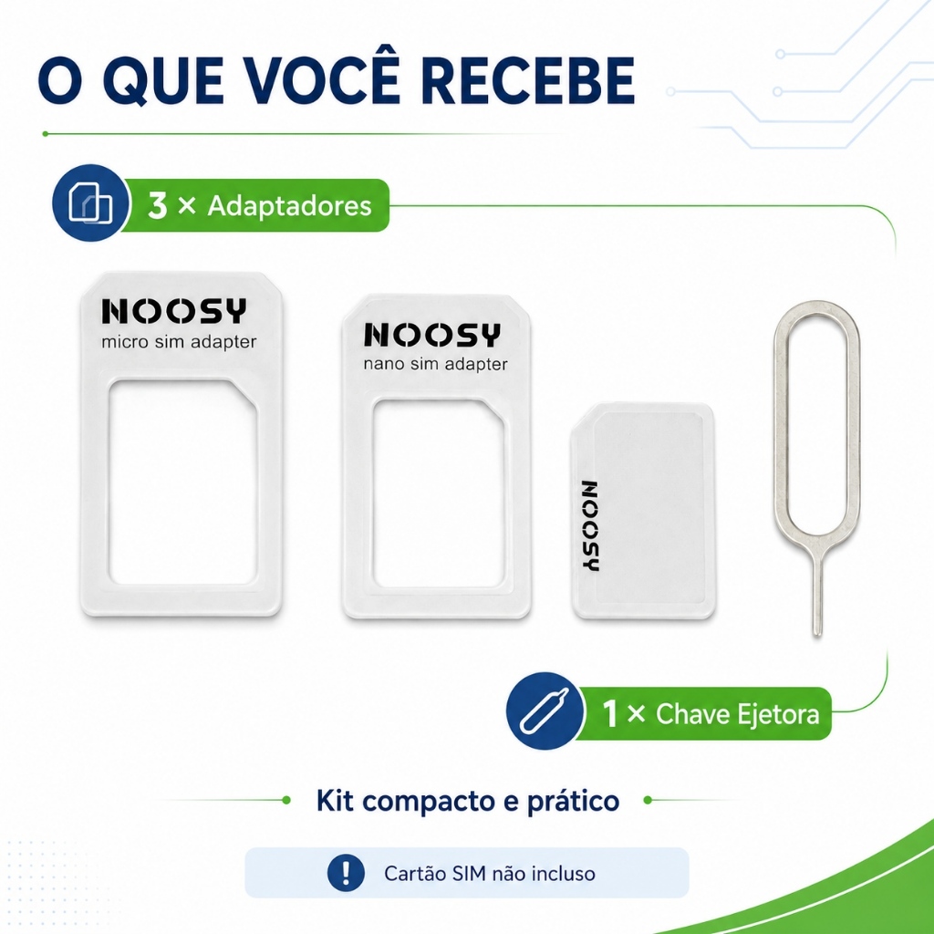Kit Adaptador Cartão SIM NOOSY 3 em 1 Nano Micro SIM Padrão com Chave Ejetora