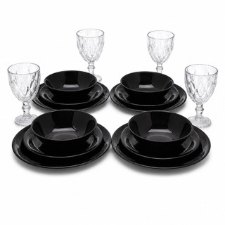 Jogo De Jantar Vidro Preto 16 Peças Pratos Tigelas E Taça Diamond