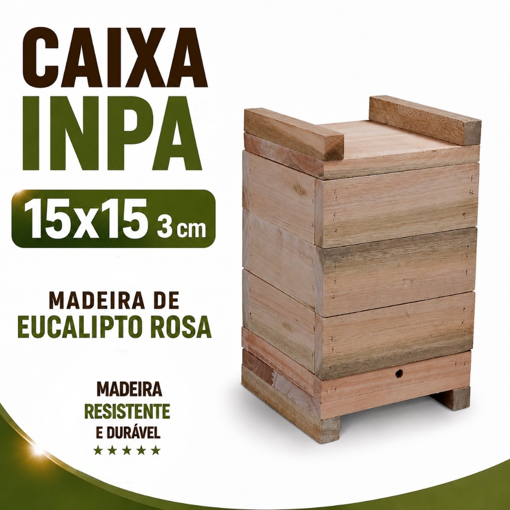 Caixa para Abelhas Sem Ferrão modelo INPA 15x15 3cm Manduri, Mandaçaia MQA, Jandaíra, Tubuna, Tiuba, Em Eucalipto
