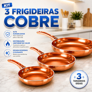 Kit 3 Frigideiras Antiaderente Cobre Revestimento Cerâmico Cozimento Saudável Alta Durabilidade Sem Óleo 17CM 21CM 25CM