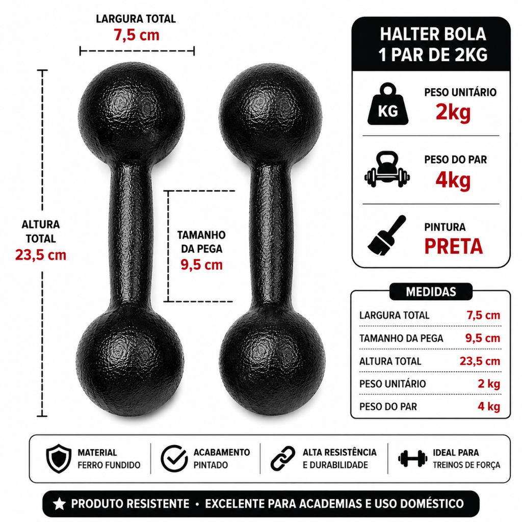 Halter Bola 2kg Par 2 Unidades Ferro Fundido Pintado Preto Academia Treino Musculação