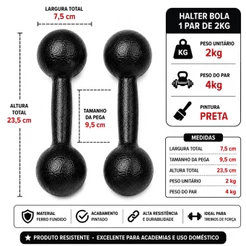 Halter Bola 2kg Par 2 Unidades Ferro Fundido Pintado Preto Academia Treino Musculação