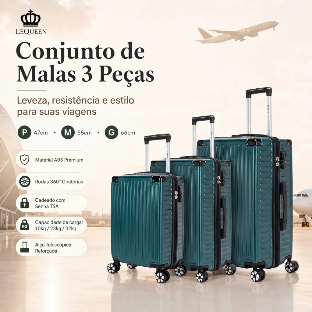 Kit 3 Malas Viagem Grande Bordo Resistente Rodas 360 Abs