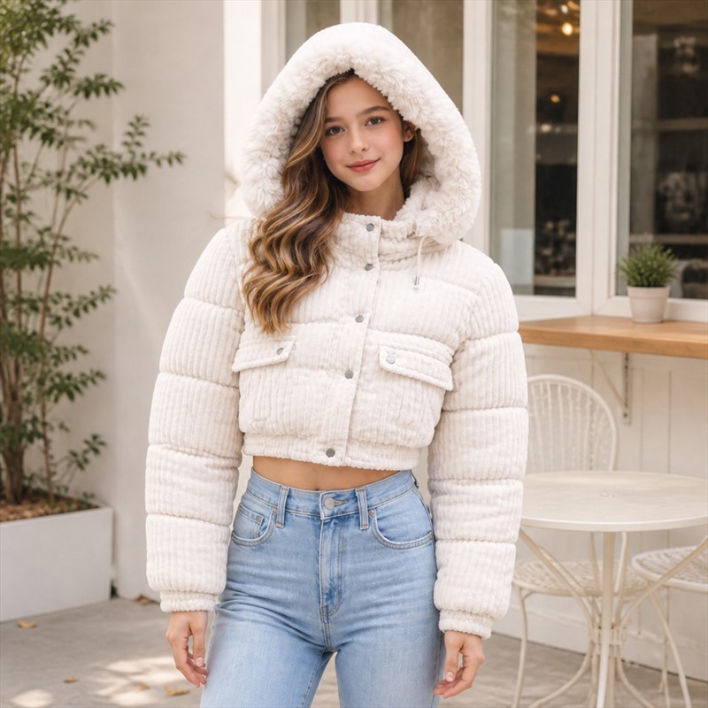 Jaqueta Cropped Infantil Feminina Inverno com Capuz Removível Peluciado Casaco Cotelê Moda InfantiL