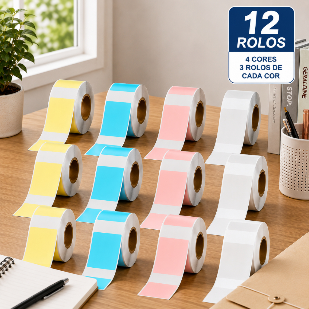 Papel para etiquetas 15×30 mm 1 caixa de cada uma das 4 cores 12 rolos Etiqueta Térmica