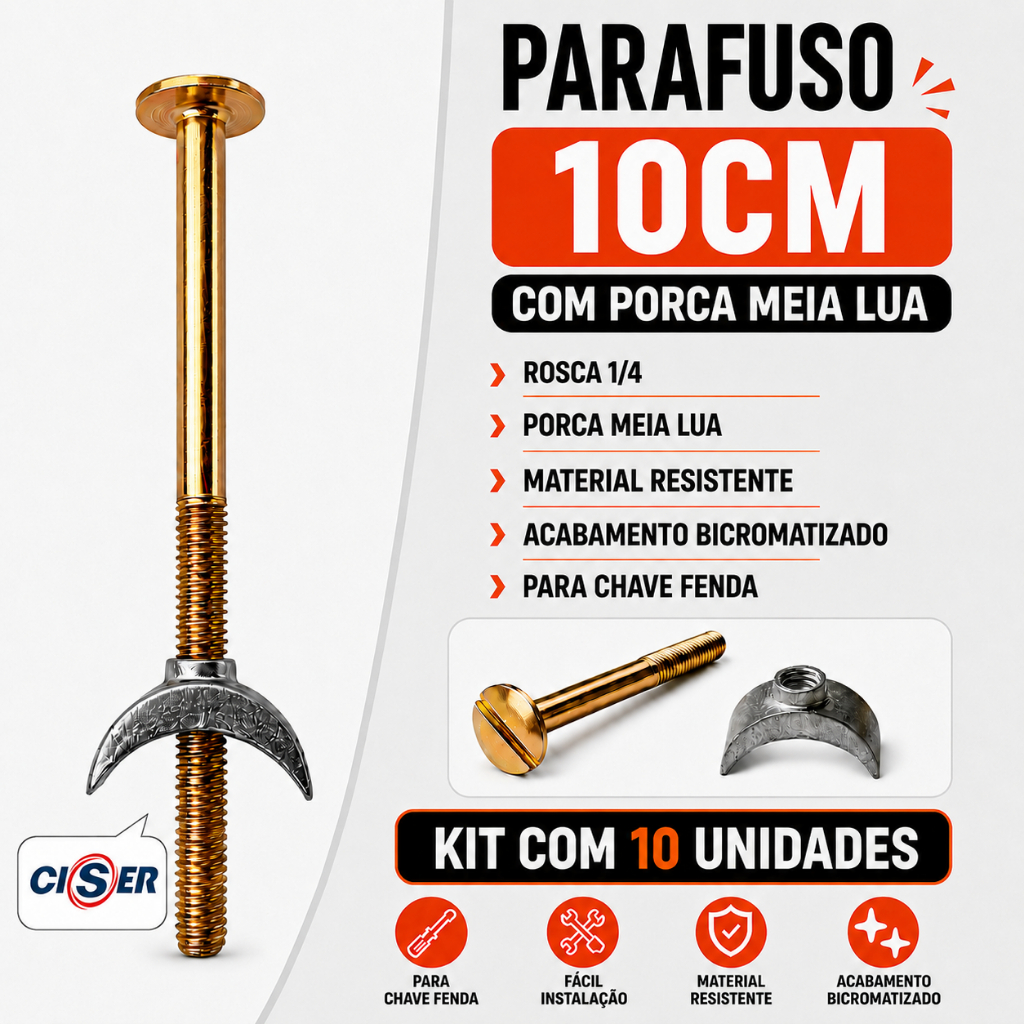 10x Parafuso Cama Berço Móveis Porca Meia Lua 1/4 X 100mm