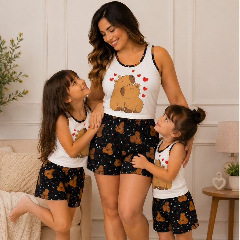Kit 1 Mãe e 2 Filhas Baby doll estampado regata tal mãe tal filha capivara verão malha short doll camiseta personagens