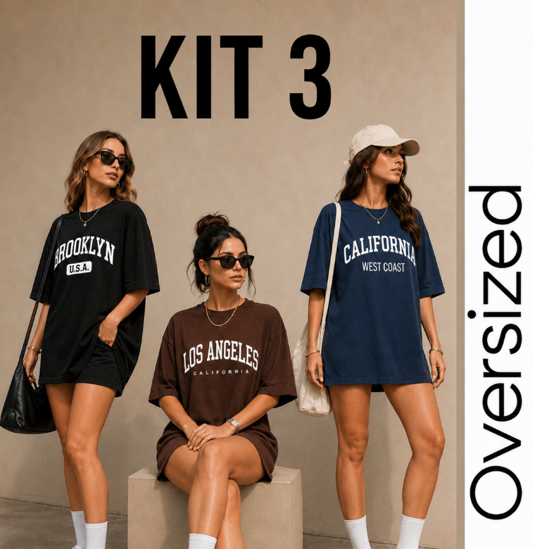 Kit 3 Camiseta Oversized Feminina California Streetwear Blusão Camisetão Treino Academia 100% Algodão