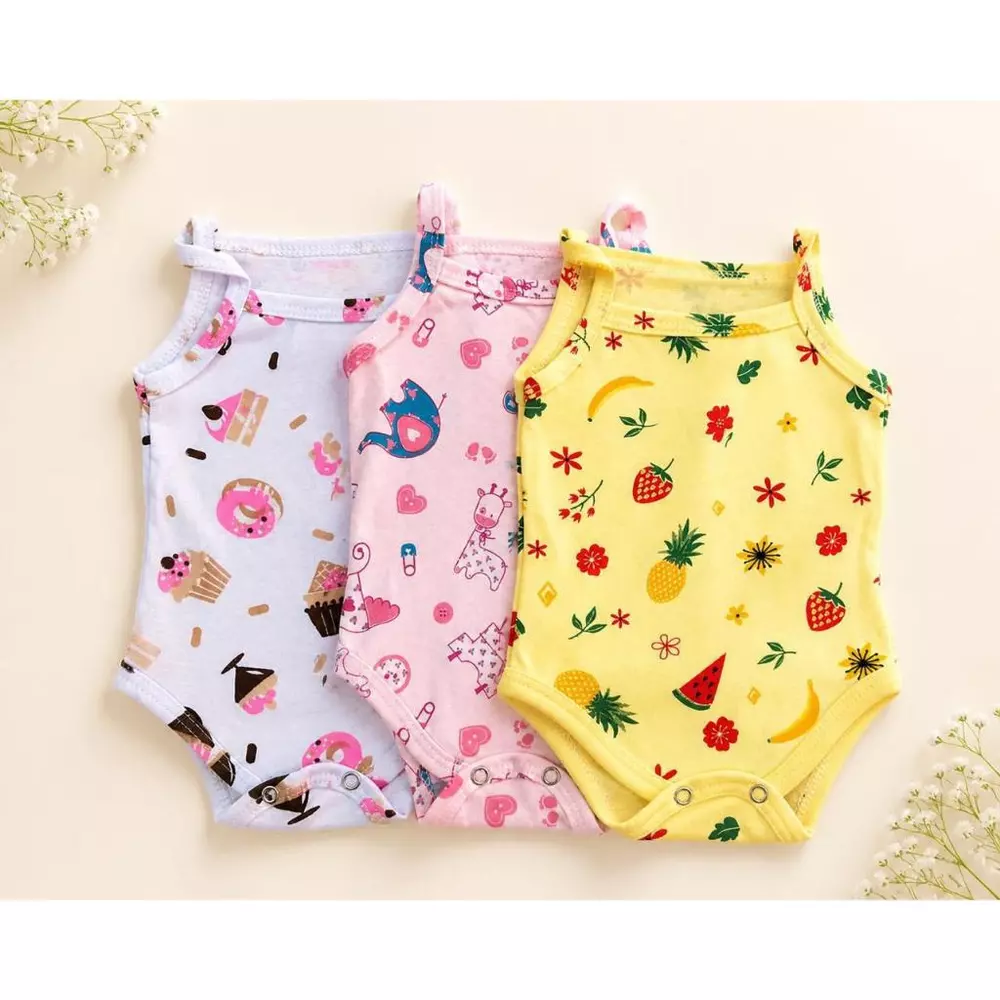 Kit 3 Bodys Bebê Menina Alcinha 100% algodão para bebes de 0 a 12 meses REgatinha Bories Bodies Criança Infantil