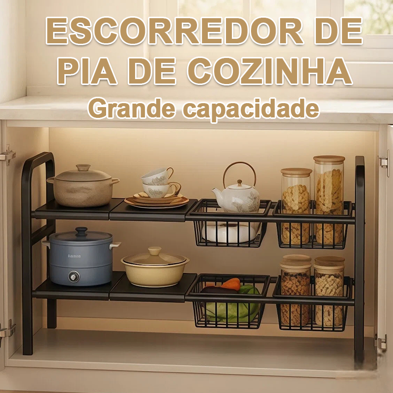 Prateleira Retrátil de Cozinha com Cestos | Aço Resistente para Debaixo da Pia