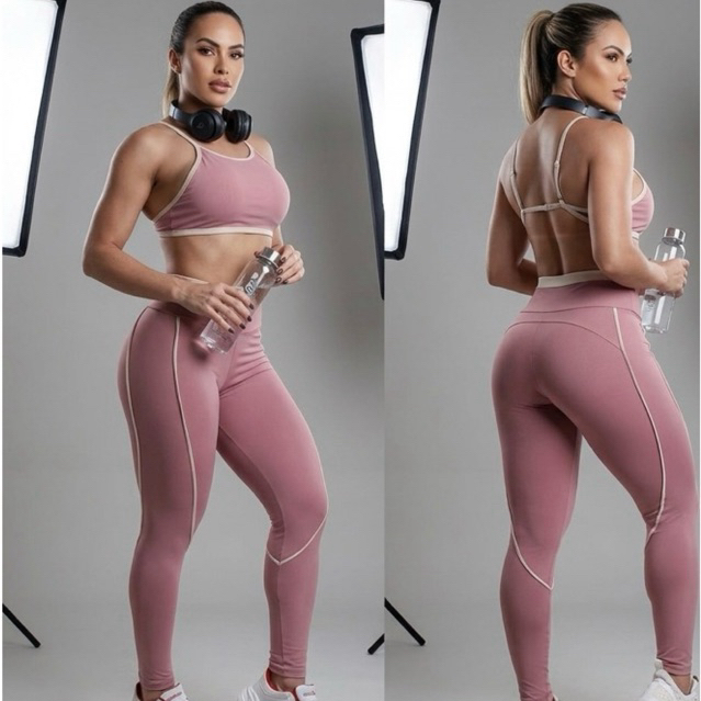 Conjunto Fitness Academia Calça com detalhe em viés top Alças ajustáveis com bojo removível zero transparência Poliamida