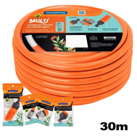 Mangueira Tramontina Multi 30m 1/2 PVC 3 Camadas Com Engates Esguicho Laranja