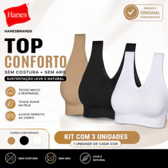 Kit 3 Tops Hanes Original Sem Costura Sem Aro Confortável Sustentação Leve 1 de Cada Cor