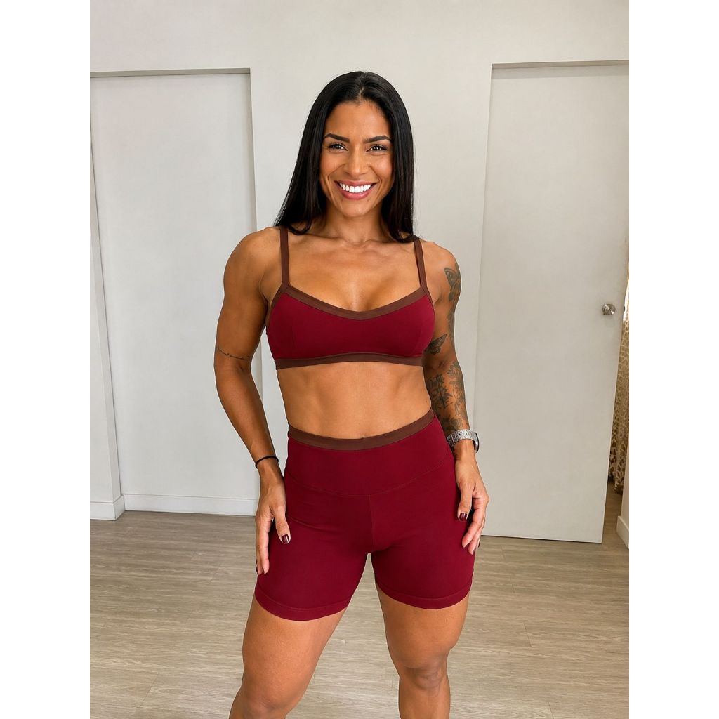 Conjunto Fitness Academia Feminino Cintura Alta Top Ajustável Short Poliamida Não Transparente
