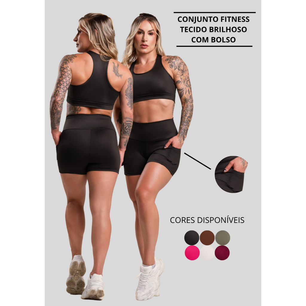 Conjunto Fitness Feminino Brilhoso Academia Top Nadador Liso e Short Bolso Cintura Alta Brilho ZERO TRANSPARÊNCIA