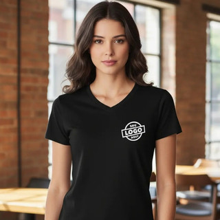 Camisa Feminina Personalizada 100% Algodão com Estampa Logo Pequena Gola V Ombro a Ombro