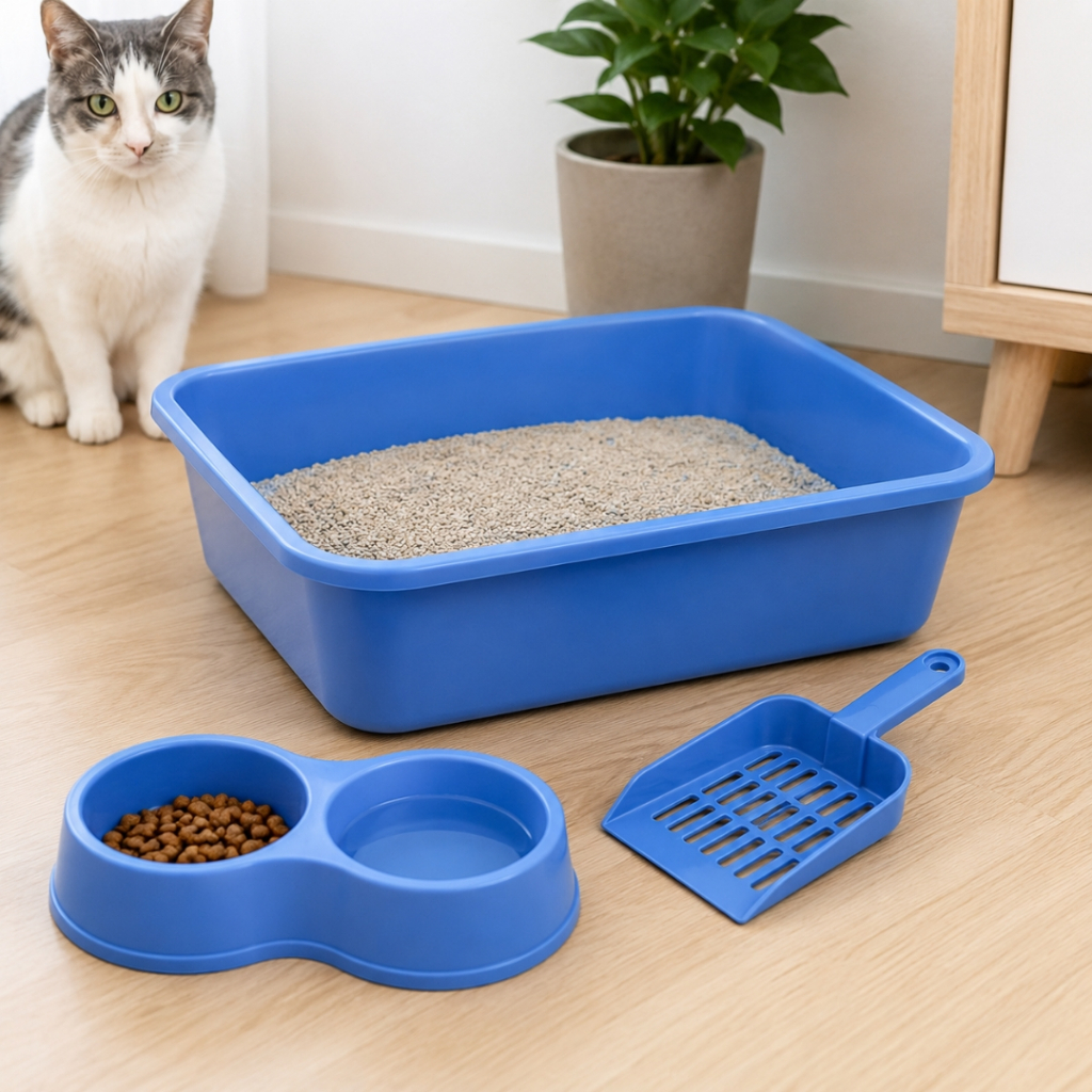 Kit Higiênico Completo Para Gatos – Banheiro + Pázinha + Comedouro