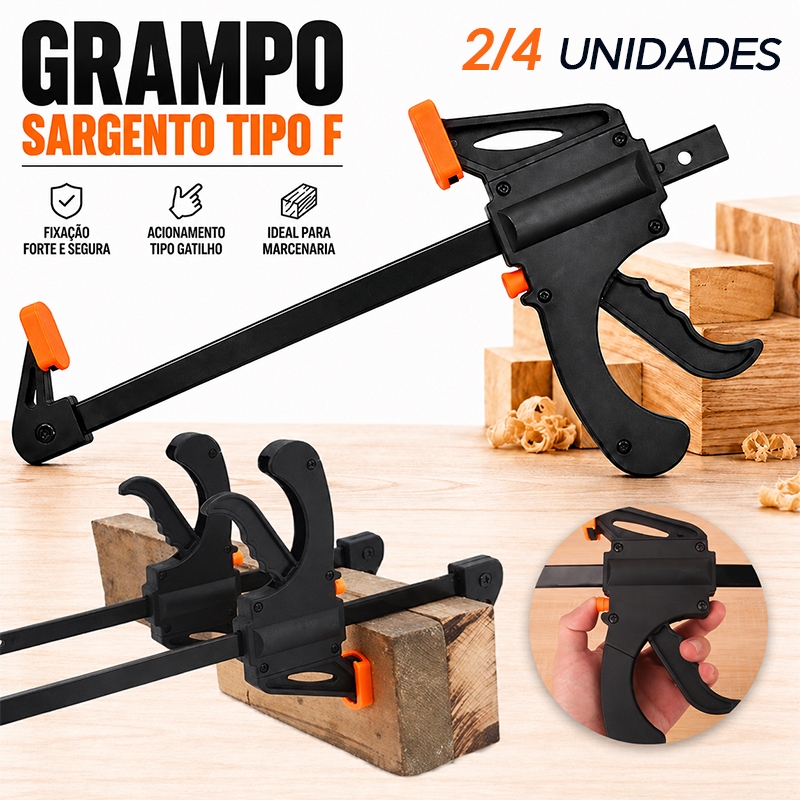 Kit 2 ou 4 Grampos Sargento 4 Pol Tipo F Aperto Rápido Universal para Marcenaria
