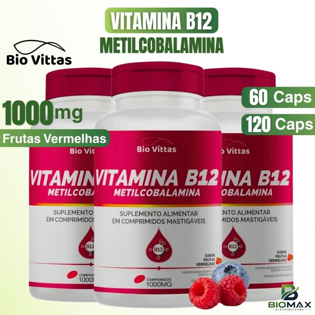 Vitamina B12 Energia e Disposição 1000mg 120 ou 60 Comprimidos Frutas Vermelhas