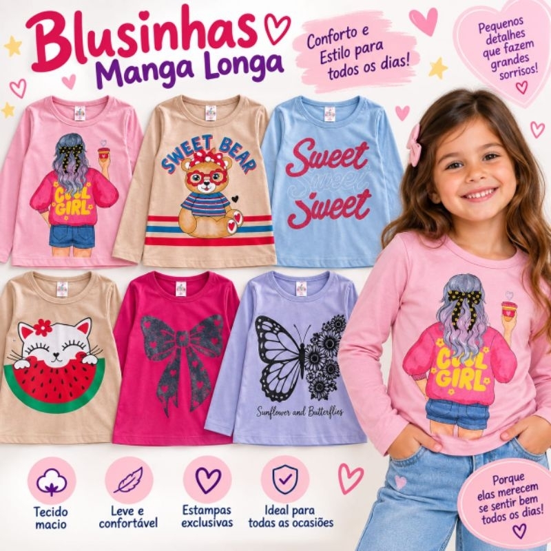 Kit Camiseta Manga Longa Infantil Feminina Sortido | Roupa Infantil Menina | Estampas Sortidas
